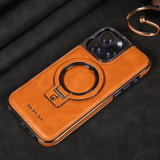 Luxury Lambskin Leather Metal Folding with Holder Phone Case for iPhone