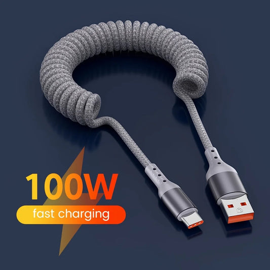 100W USB Type C Spring Car Fast Charging Cable